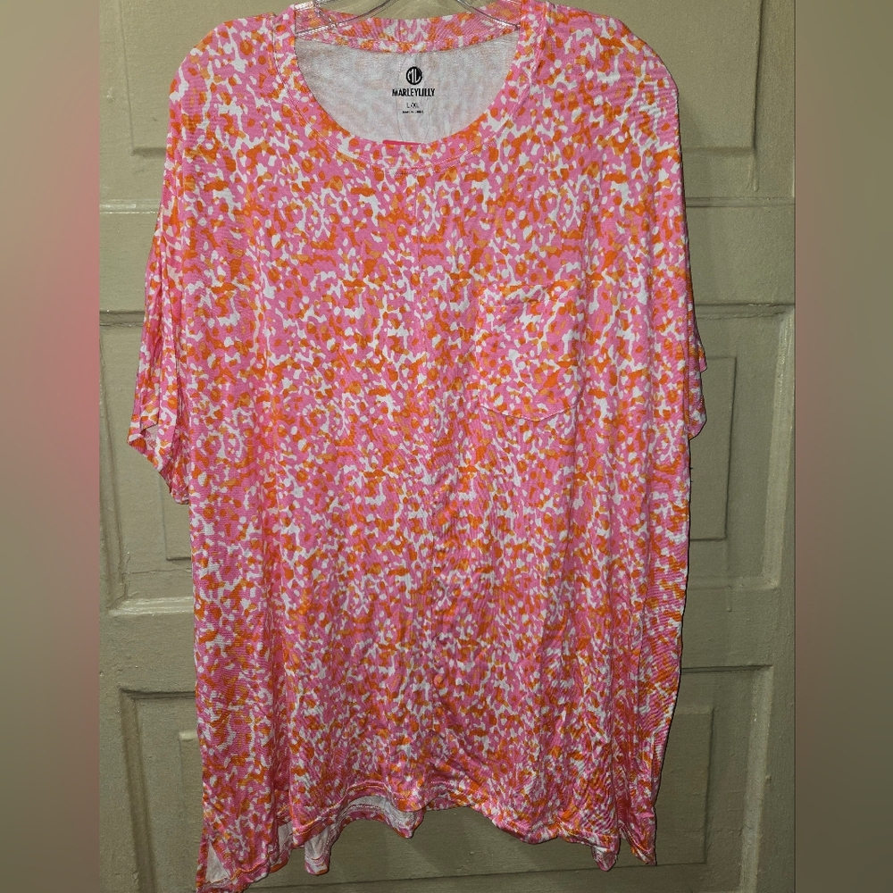 Marleylilly Pink Orange White Pocket Short Sleeve Top NWT Size: L/XL